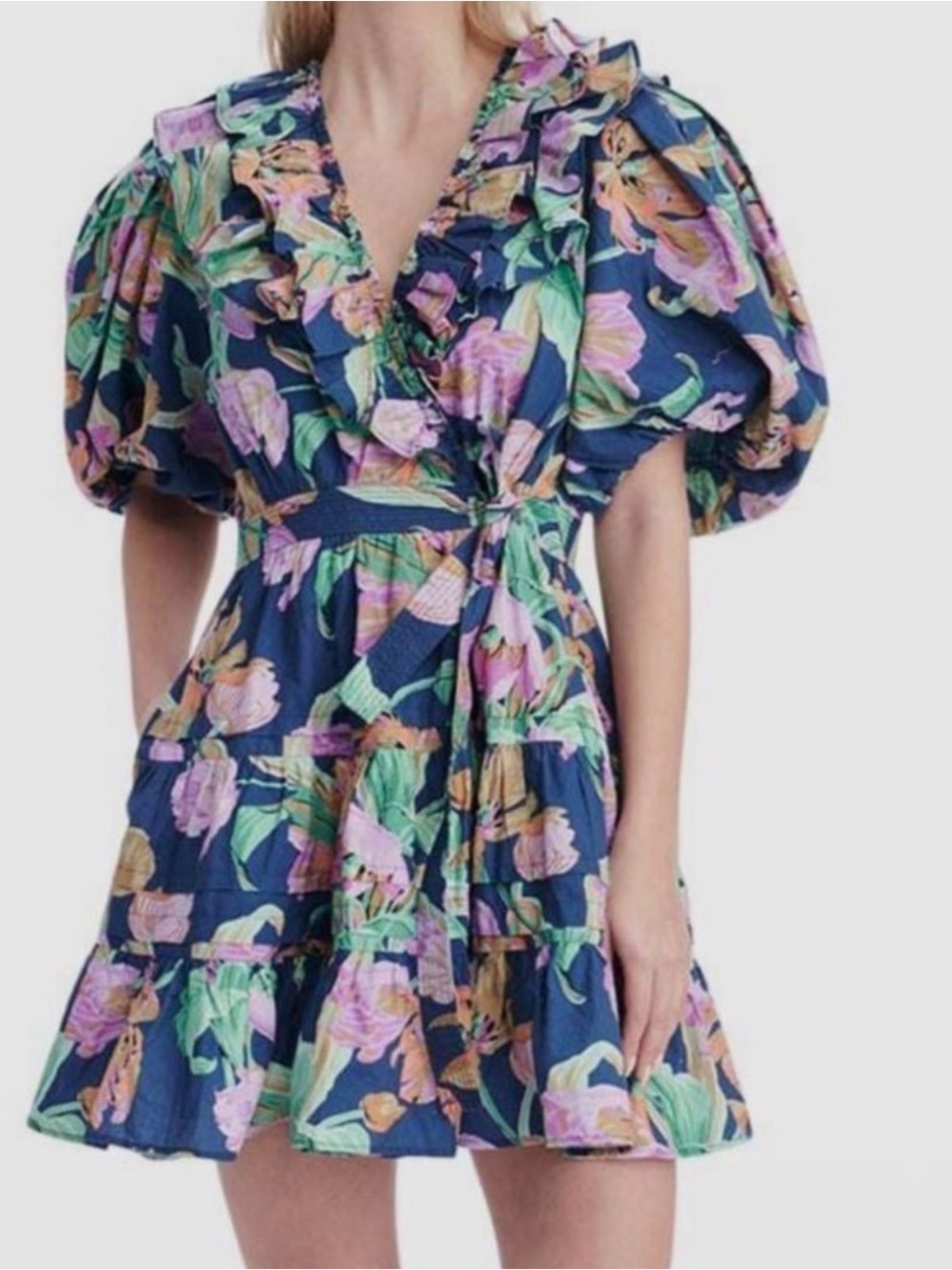 Anthropologie | Love the Label | Remy Floral navy Ruffle Wrap Mini Dress XS